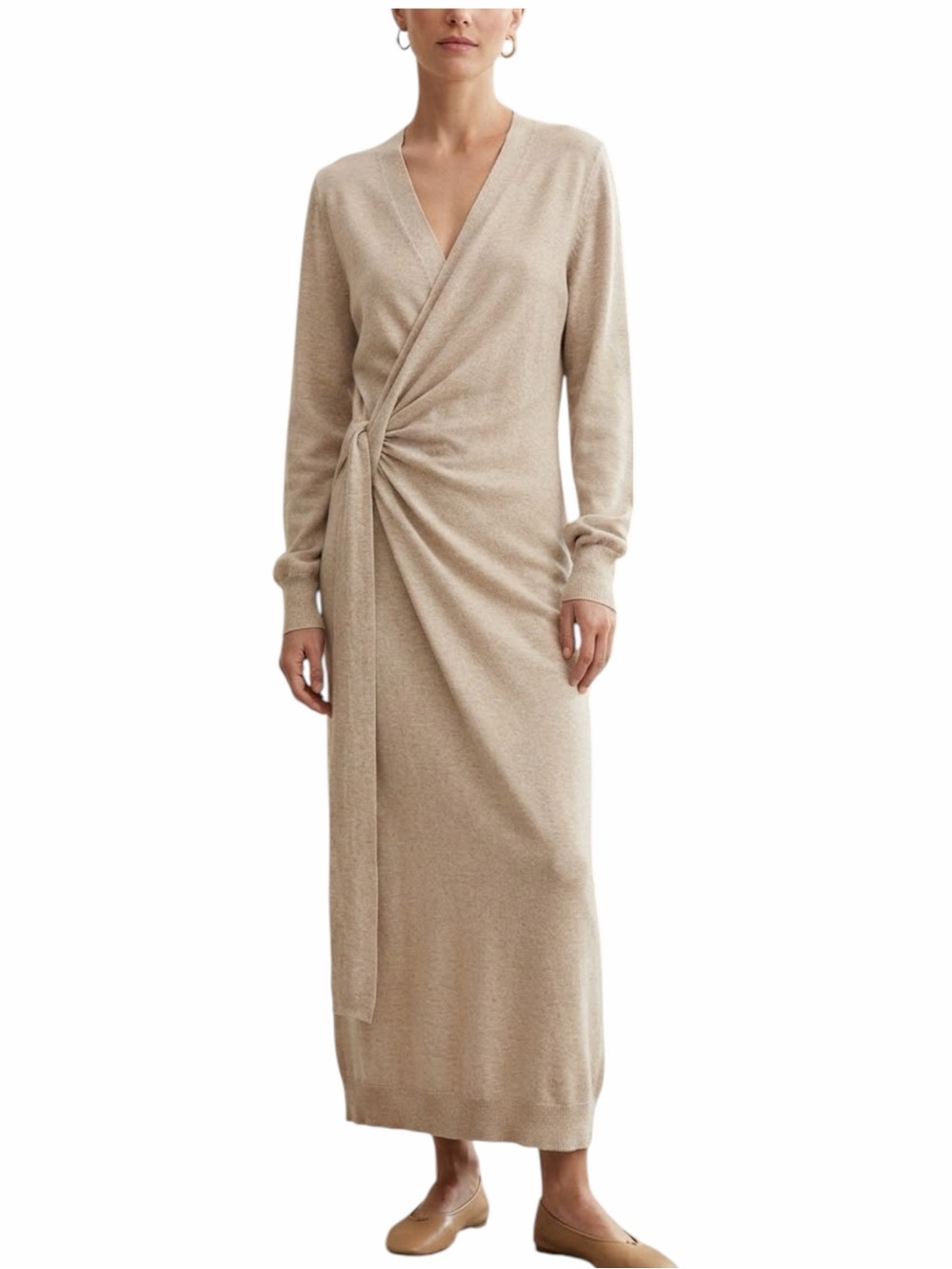 Exlura Knit Wrap Sweater Dress | Tie Waist | Neutral Beige | Size S